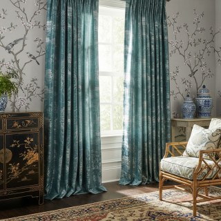 Temple Tranquility Jacquard Chinoiserie Bleu Floral Rideau 3