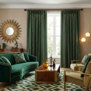 La Somptueuse Année Vingt Luxe Art Déco Coquillage Motif Vert Foncé & Or Rideau 3