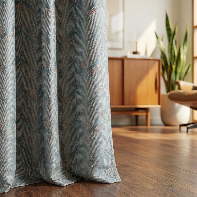 Zigzag Symphonie Chevron Canard Bleu Faux Soie Moderne Rideaux Géométriques 1