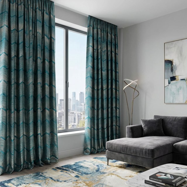 Zigzag Symphony Chevron Teal Blue Faux Silk Rideaux géométriques modernes 1