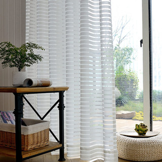 Distinct Horizontal Striped White Voile Curtain