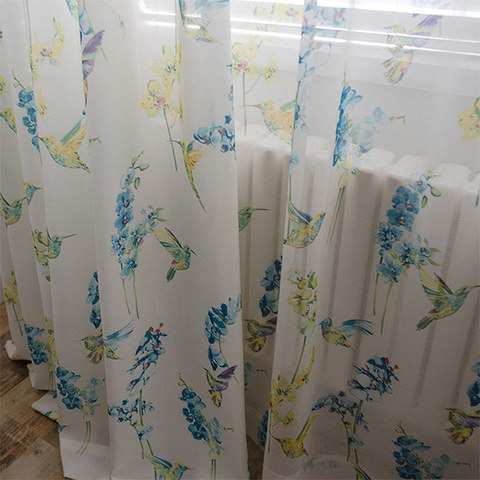 Hummingbird Blue Floral Voile Curtain 1