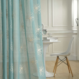 Flowers of the Four Seasons Teal Blue Embroidered Voile Curtain 1