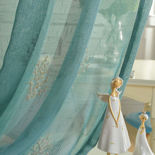 Trees of the Four Seasons Teal Blue Embroidered Sheer Voile Curtain 2