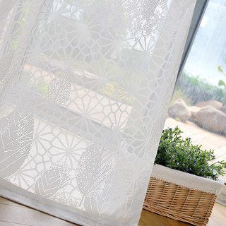 Autumn Days White Geometric Lines And Leaf Design Voile Net Curtain 2