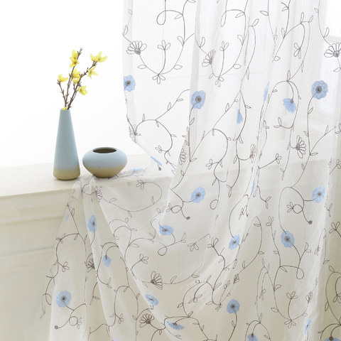 Floral Affairs Sky Blue Flower Embroidered Sheer Voile Curtain 1