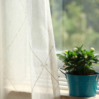 Anastasia Oatmeal Sheer Voile Curtains With Embroidered Bow Detailing 2