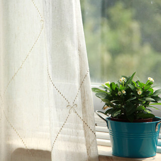 Anastasia Oatmeal Sheer Voile Curtains With Embroidered Bow Detailing 2