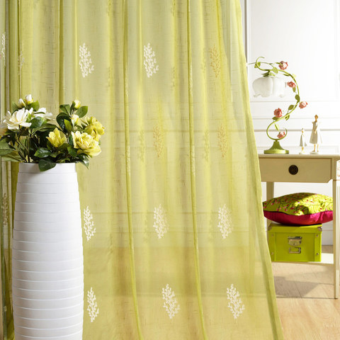 Trees of the Four Seasons Chartreuse Green Embroidered Voile Curtain 1