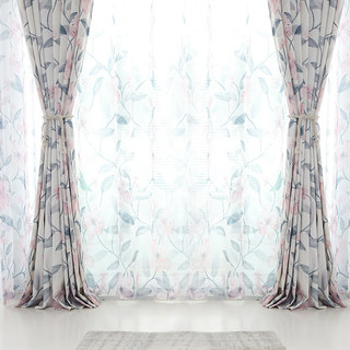 Spring Bloom Pink Floral and Foliage Print Sheer Voile Curtains 3
