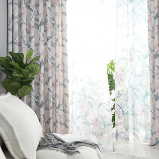 Spring Bloom Pink Floral and Foliage Print Sheer Voile Curtains 5
