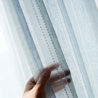Cloudy Skies Blue Grey and White Striped Sheer Voile Curtains with Textured Bobble Detailing 1