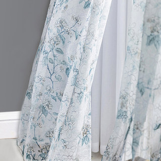 Brambles Foliage Grey Blue Print with Embroidered Flower Overlay Sheer Voile Curtain 3
