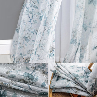 Brambles Foliage Grey Blue Print with Embroidered Flower Overlay Sheer Voile Curtain 5