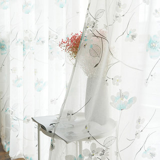 Spring Bloom Blue Flowers and Branches Print Semi Sheer Voile Curtains 4