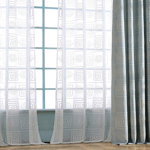 Spiral Maze Pattern Embroidered Cotton White Sheer Voile Curtain 1