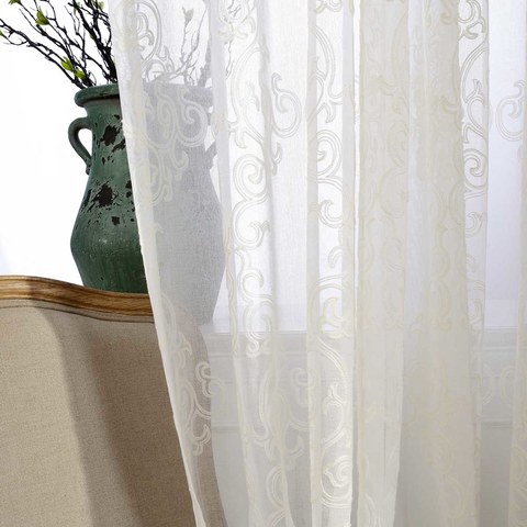 Demure Florals Damask Embroidered Ivory White Net Curtain 1