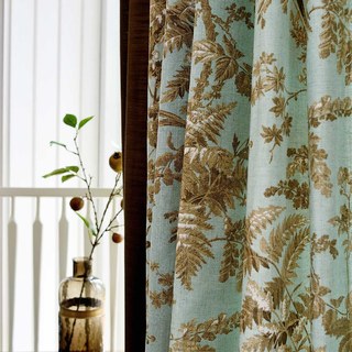 French Country Retro Blue and Brown Magpie Bird Fern Floral Curtain