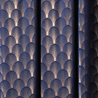 The Roaring Twenties Luxury Art Deco Shell Pattern Navy Blue & Gold Curtain 4