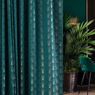 The Roaring Twenties Luxury Art Deco Shell Patterned Teal & Silver Geometric Curtain