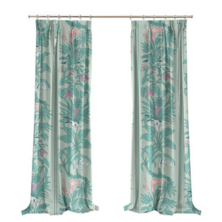 Botanica Light Turquoise Green Striped Floral Velvet Curtain