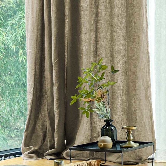Wabi Sabi Pure Flax Linen Mocha Light Brown Heavy Semi Sheer Voile Curtain 1