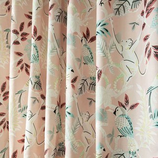 Jungle Mingle Monkey and Parrot Pink Floral Velvet Curtain