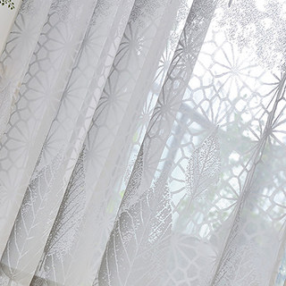 Autumn Days White Geometric Lines And Leaf Design Voile Net Curtain 7