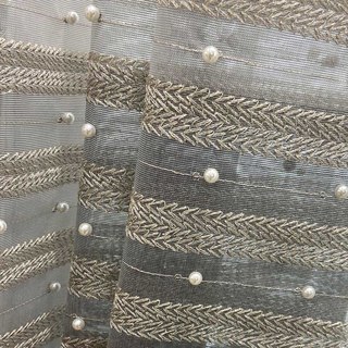 Grey Ombre Voile Curtain With Gold Horizontal Stripes and Pearls 5