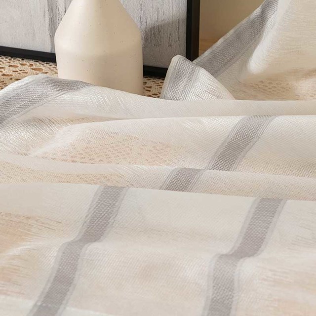 Sol Ivory White Textured Grey Striped Heavy Voile Curtain 1
