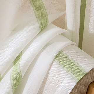 Sol Ivory White Textured Green Striped Heavy Voile Curtain