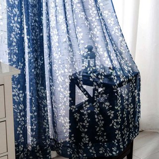 Pascal Navy Blue Vine Print Semi Sheer Voile Curtain