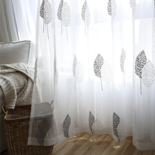 Banyan Leaves Embroidered Grey & White Voile Curtain 4