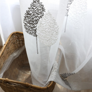 Banyan Leaves Embroidered Grey & White Voile Curtain 3