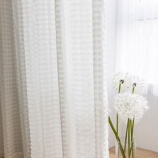 Bubble Up Ivory White Checked Grid Crushed Voile Curtain