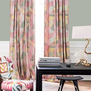 Dash of Colour Pink Green Geometric Velvet Curtain 3