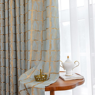 Gilded Grid Duck Egg Blue and Gold Curtain 2