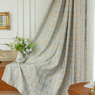 Gilded Grid Duck Egg Blue and Gold Curtain 1