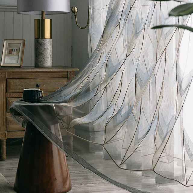 Geometrica Embroidered Sparkling Blue Gold Grey Voile Curtain 1