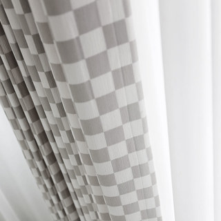 Checkerboard Delight Blackout Chenille Geometric Grey Check Curtains 2