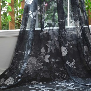 Oasis Tropical Trees Flowers Cranes Black Voile Curtains 4