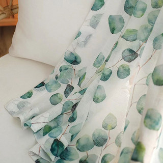 Misty Eucalyptus Green Leaf Watercolour Floral Voile Curtains