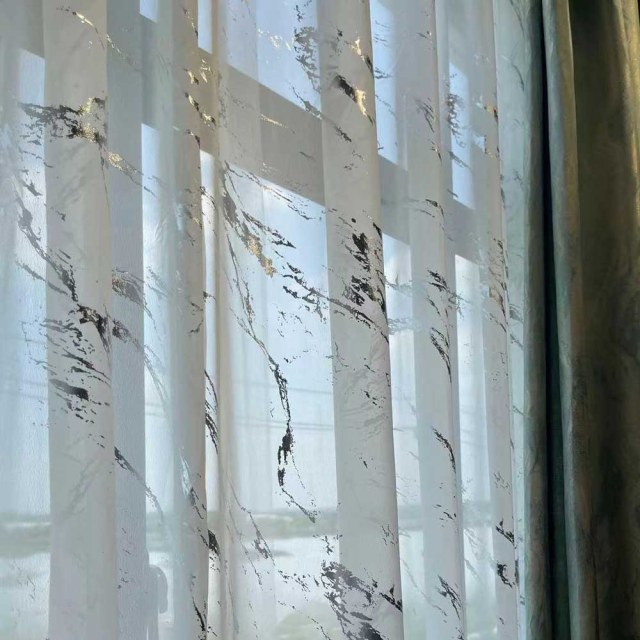 Lunar Marble Abstract White and Silver Voile Curtains 1