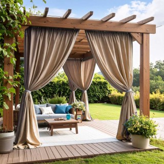 Endless Summer Waterproof Mocha Oatmeal Linen Style Outdoor Heavy Voile Curtain