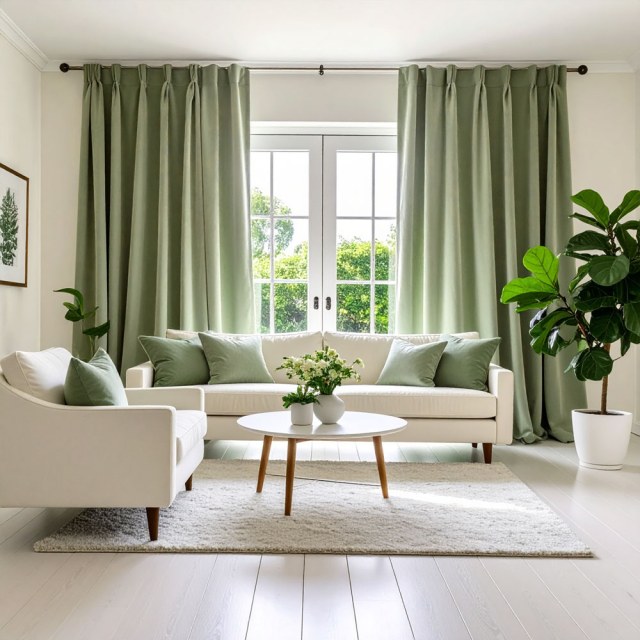 Double Plush Sage Green Chenille Blackout Curtain 1