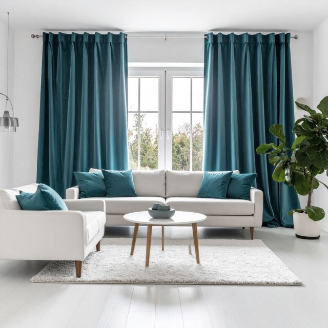 Double Plush Sea Blue Chenille Blackout Curtain 1