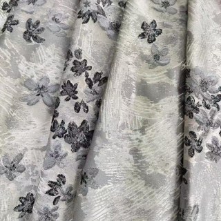 Moonlit Garden Silver and Black Embroidered Satiny Floral Curtain 2