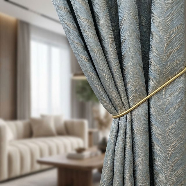 Aqualuna Duck Egg Blue Curtain with Gold Herringbone Details 1