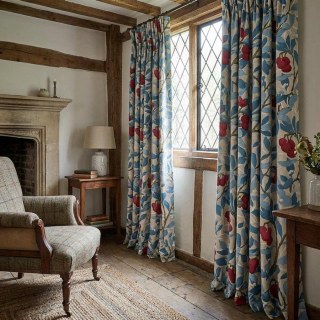 Arbutus Red Berries William Morris Blue Floral Velvet Curtain