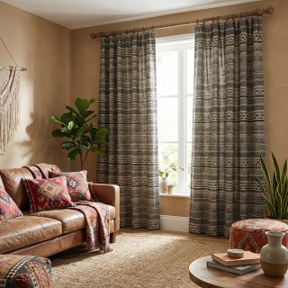 Aztec Ikat Black and White Horizontal Striped Geometric Curtain 2